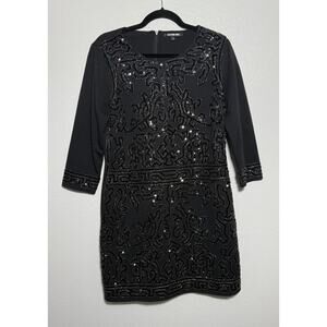Gianni Bini Sequins Beaded Black Mini‎ Dress 3/4 Sleeve Zip Back Size Large